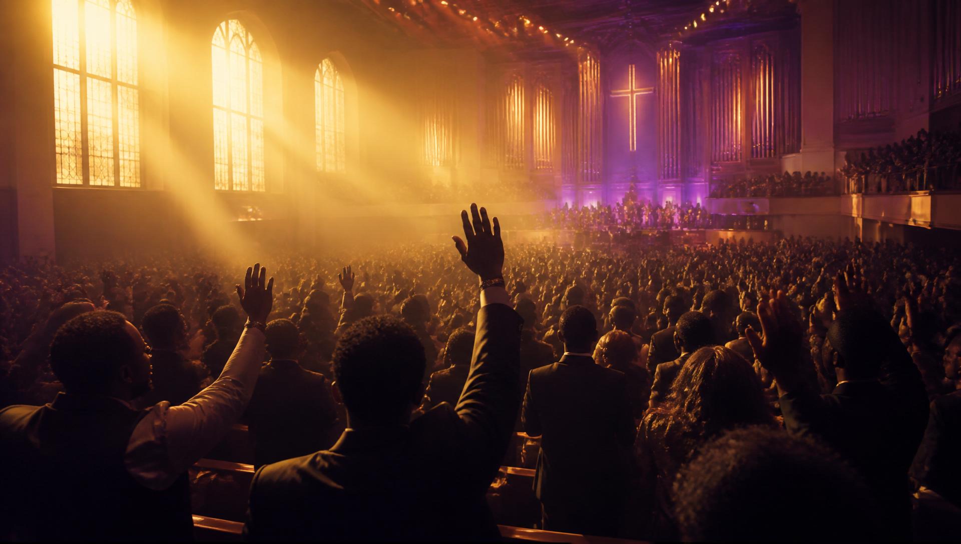 Congregation with hands raised in praise during worship